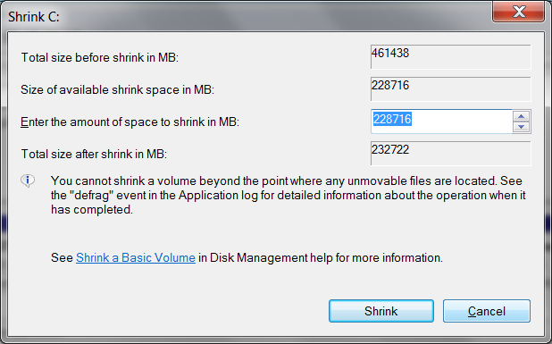 Shrink partition